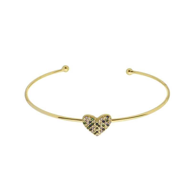 Bracelete com detalhe de coração cravejado com zircônia colorida